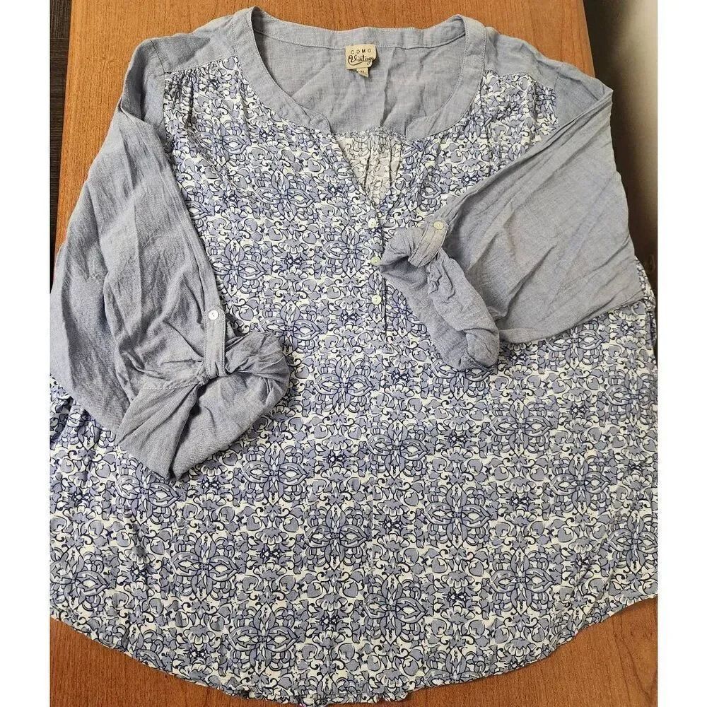 Como Vintage 2X ble floral top with roll-up sleeves